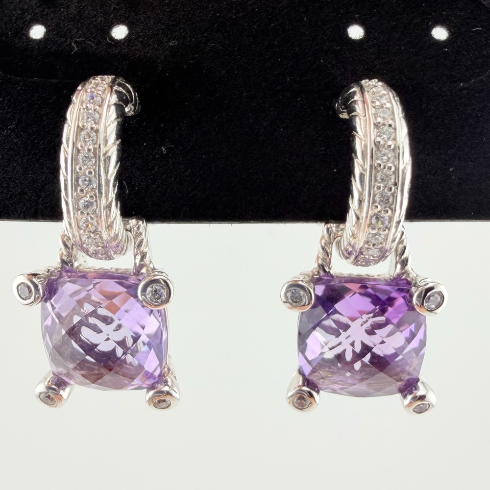 Judith Ripka Womens Amethyst CZ 925 Sterling Silver Fleur-De-Lis Drop Earrings